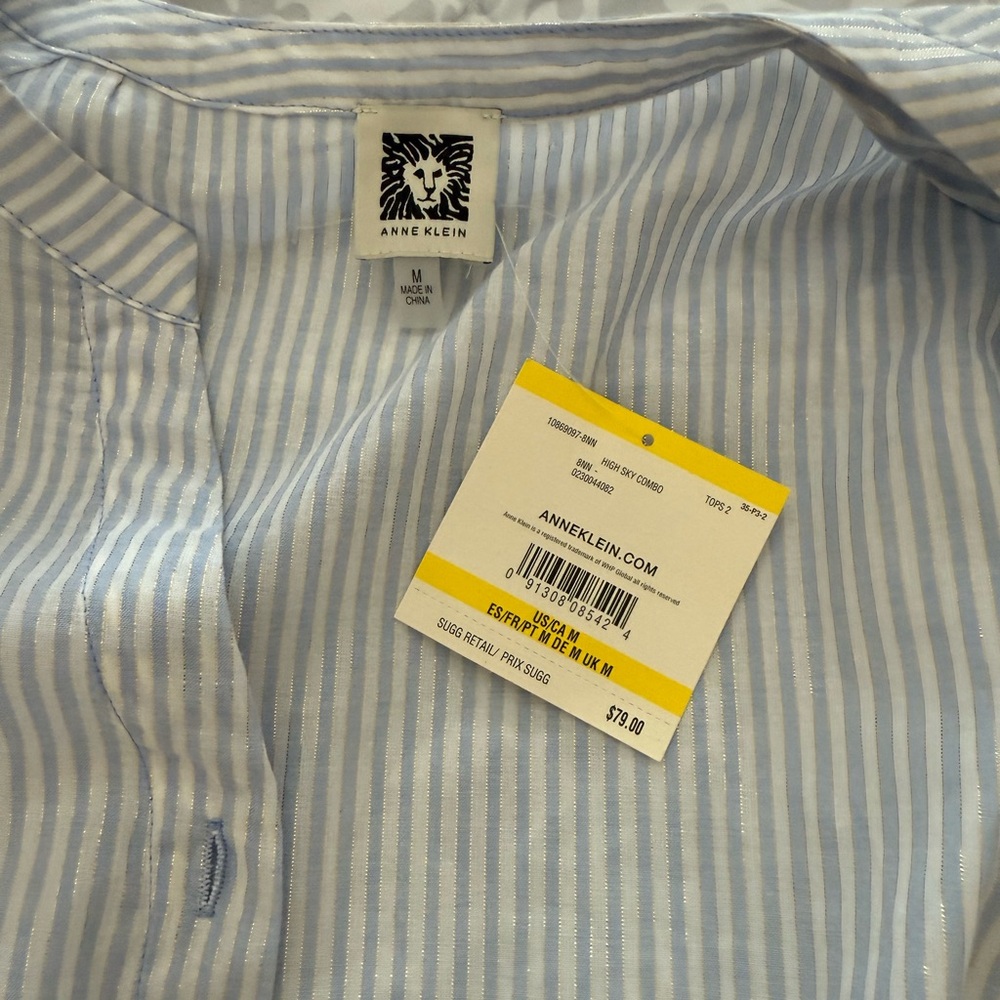 Anne Klein Blue and White Casual Button Down Shirt